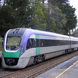 A V/line V'locity train on an DOWN service to Seymour at Heathcote Junction. Friday September 4th, 2009.