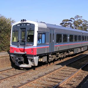 A V/line Sprinter train at Broadford station on an UP service to Melbourne (Southern Cross).