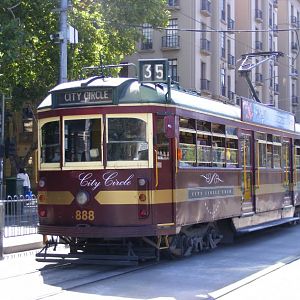 A City Circle liveried W class tram on Spring Street in Melbourne.