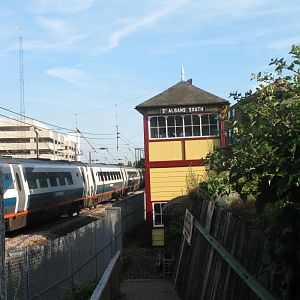 2008, June, box from N end after restoration. Seen from new access path; train is on Down Fast line
