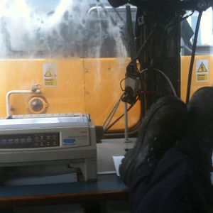 The interior of 999508, staring 31459 in the face. Formerly a propelled inspection saloon, the TIC now runs as standard hauled stock. The end cameras