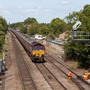 With time to spare we headed to a footbridge near Northallerton station and saw 66188 with a southbound coal.