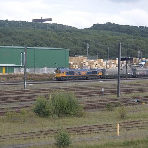 66729 passes Tyne Yard on the ECML with a GBRf coal train.