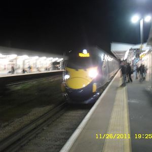 A blurry photo of Class 395-231 with the 19:25 SE High Speed service to St Pancreas INT via Canterbury West