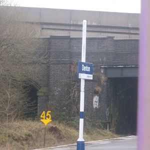 The sign at Denton Station, where to the surprise of the entire train, actual passengers boarded