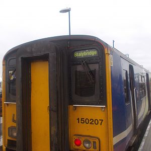 150207 at Stalybridge. This train was the 10:13 Denton Flyer from Stockport