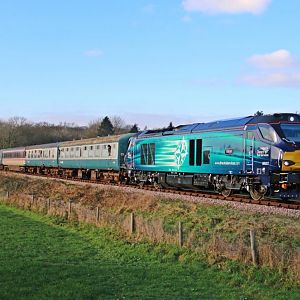 DRS Class 68 No. 68007 Valiant passes the hamlet of Crownthorpe, north of Wymondham with the 11.00 Dereham to Wymondham Abbey on Sunday 28th December